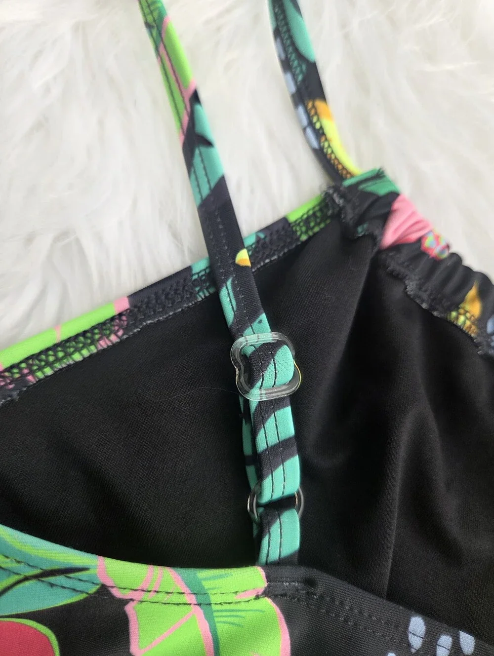 Old Navy - Kids Bead-Cutout One-Piece Swimsuit - Black with Neon Prints - Size